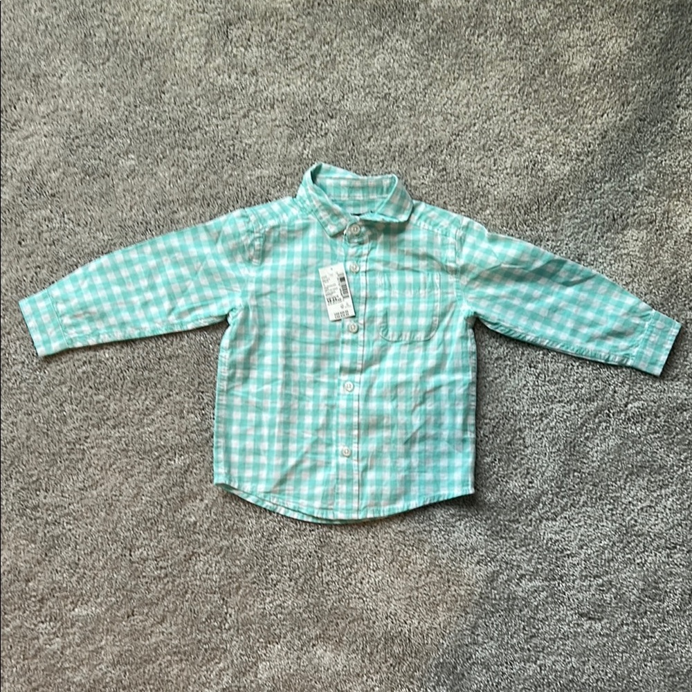 The Children's Place Green Button Down Shirt Gingham Pattern Size 18-24 months.